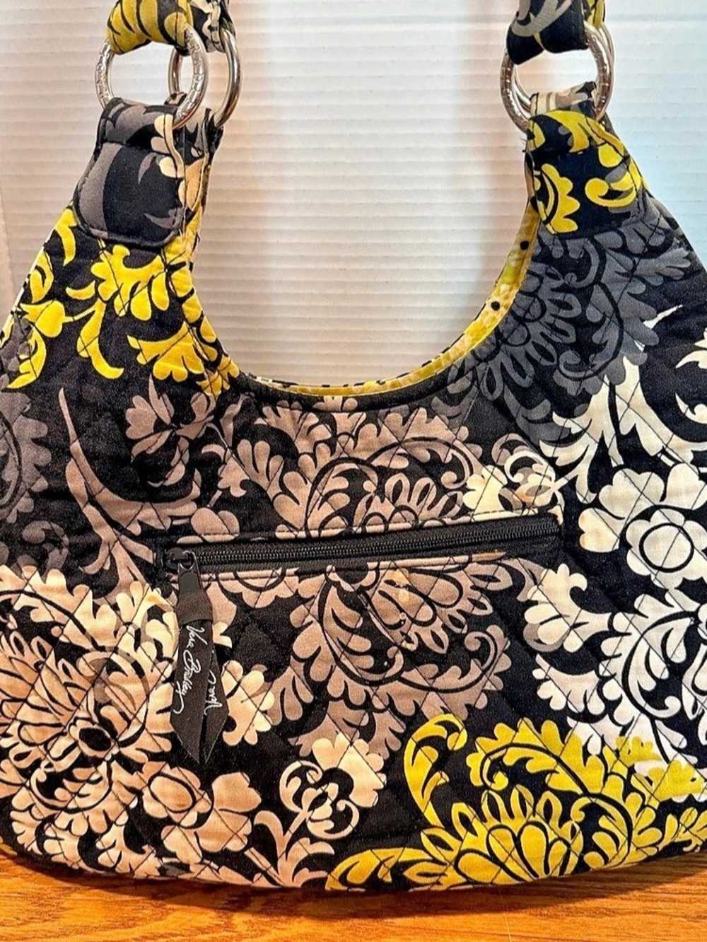 Vera Bradley Baroque Quilted Cotton Shoulder Bag Handbag Purse Black Yellow Gray